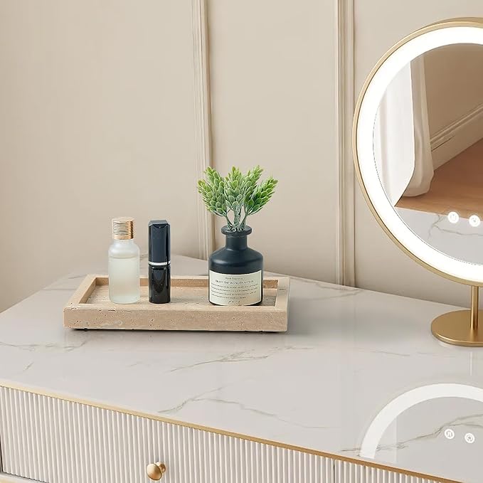 Natural Small Travertine Vanity Tray, Luxury Stone Organizer for Bathroom & Kitchen | Holds Soap Dispenser, Jewelry, Perfume | Non-Resin, Non-Ceramic Décor