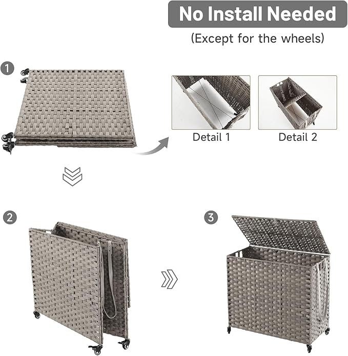 Laundry Hamper with Wheels, 34.3 Gallon(130L) Rolling Laundry Basket with Lid, Removable Large 2 Color Liners & 3 Mesh Laundry Bags, Clothes Hamper with Side Pocket, Grey