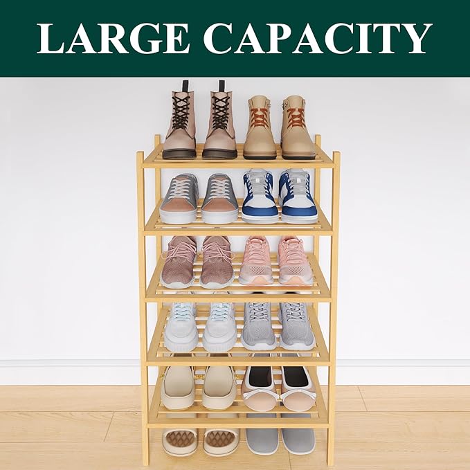 Smiry Small Bamboo Shoe Rack 5-Tier, Stackable Wooden Shoe Organizer for Entryway & Closet, Free Standing Wood Shoe Storage Shelf for Front Door & Small Spaces, Natural