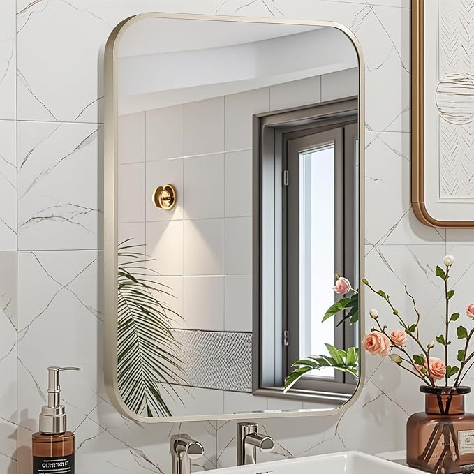 48x30 Inch Brushed Nickel Bathroom Mirror, Framed Rectangle Mirror with Rounded Corner, Brushed Mirror, Silver Bathroom Mirror for Over Sink, Vanity, Living Room, Bedroom, Horizontal/Vertical