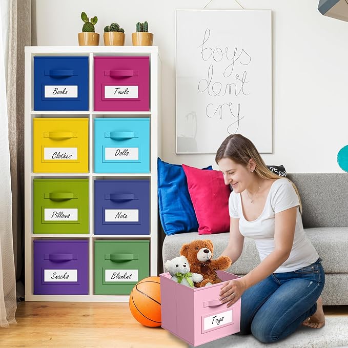 10 Pcs Fabric Storage Cubes with Labels 13 Inch Collapsible Cube Organizer Baskets with Window Cards for Shelf Nursery Clothes Book Toys Storage Bin(Candy)