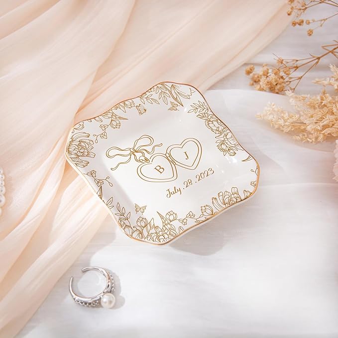 Chillever Custom Locked Ring Dish, Personalized Jewelry Holder, Toile De Jouy Trinket Tray, Engagement Gift for Her, Wedding Keepsake Jewelry Dish, Memorial Gifts, Custom Couple Keepsake 6