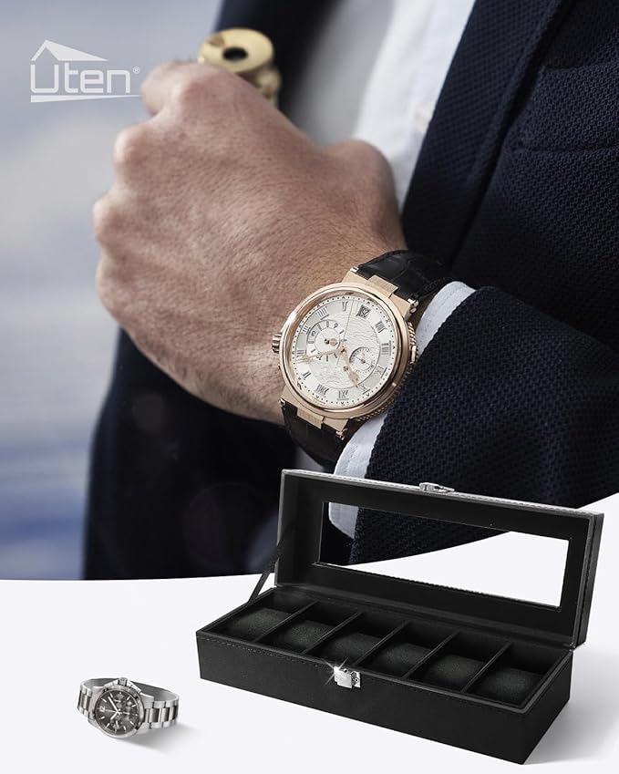 Uten Watch Box, 6 Slots Watch Case, Watch Organizer Jewelry Storage with Large Glass Lid, Black Lining, Watch Display Box for Men & Women Gift