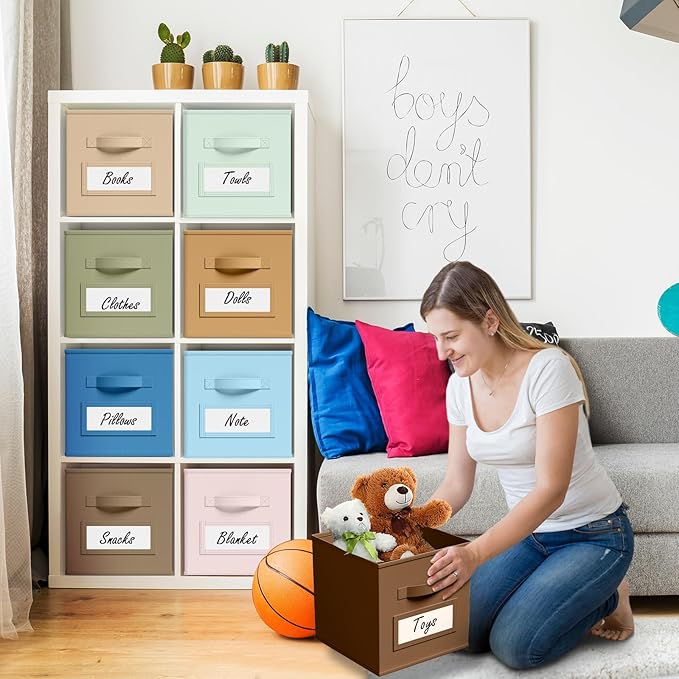 10 Pcs Fabric Storage Cubes with Labels 11 Inch Collapsible Cube Organizer Baskets with Window Cards for Shelf Clothes Book Storage Bin(Boho)
