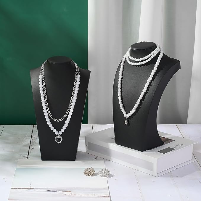 Kigley 3 Pcs Black PU Leather Jewelry Bust Display Necklace Display Stand Necklace Mannequin Holder for Jewelry Displays (9.8 x 3.0 x 5.7 Inches)