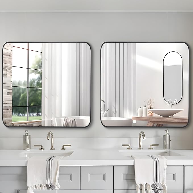 FORBATH Bathroom Mirror 36" x 36",Large Square Wall Mirror with Black Aluminum Frame Rounded Corner, Wall Mounted Mirror for Bathroom Bedroom Entryway Living Room