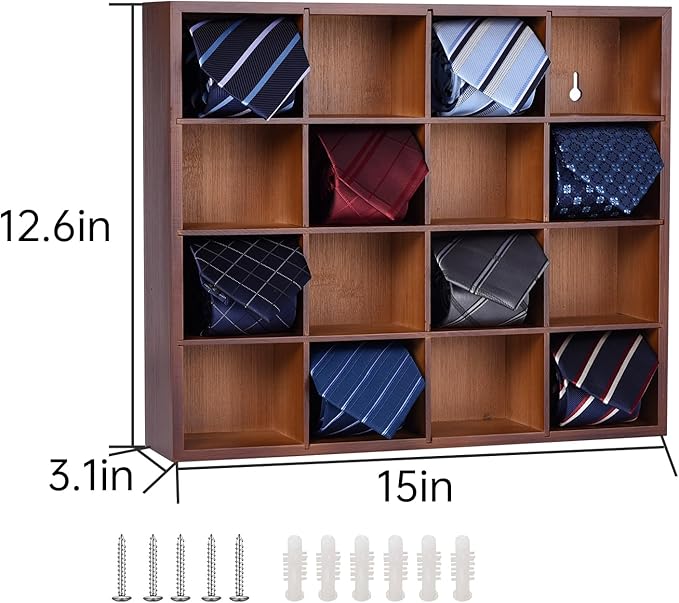 Tie Organizer Wall Mounted Tie Rack,Tie Box for Men,Tie Box Organizer with 16 Compartments,Tie Display Racks for Bedroom, Changing Room, Men Wardrobe(Brown,2 PCS)