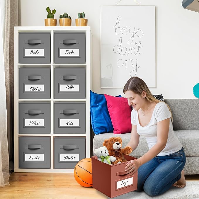 10 Pcs Fabric Storage Cubes with Labels 13 Inch Collapsible Cube Organizer Baskets with Window Cards for Shelf Nursery Clothes Book Toys Storage Bin(Gray)