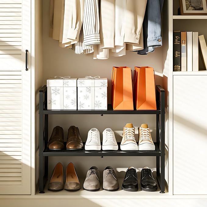 ELYKEN Shoe Rack, 2-Tier Expandable Shoe Organizer for Entryway, Metal Black Shoe Shelf with 4 Hooks, Ajustable Shoe Stand Holder for Closet, Garage, Door Entrance