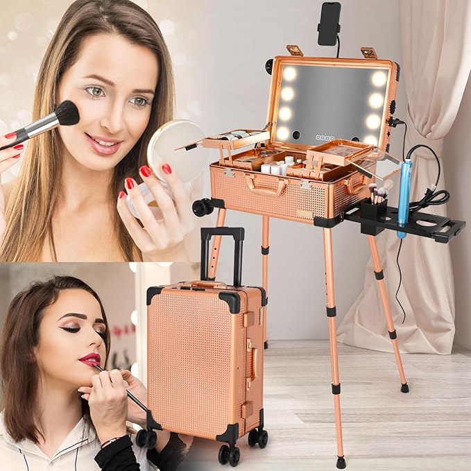 20" Aluminum Ligthed Makeup Train Case with LED Lights Professional Cosmetic Organizer Studio with Speaker, Wheels and Stands Rolling Trolley Makeup Vanity Station for Travel (Rose Gold)