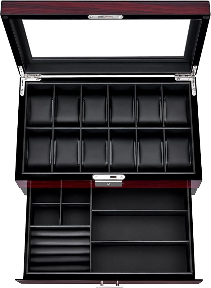 ANWBROAD Watch Box for Men, 12 slot Watch Cases with Glass Lid, 2-Layer Wooden Watch Display Case for Jewelry and Watch Organizer for Men Women, Ideal for Gifting with a Present Box, Lockable UJWB003Y