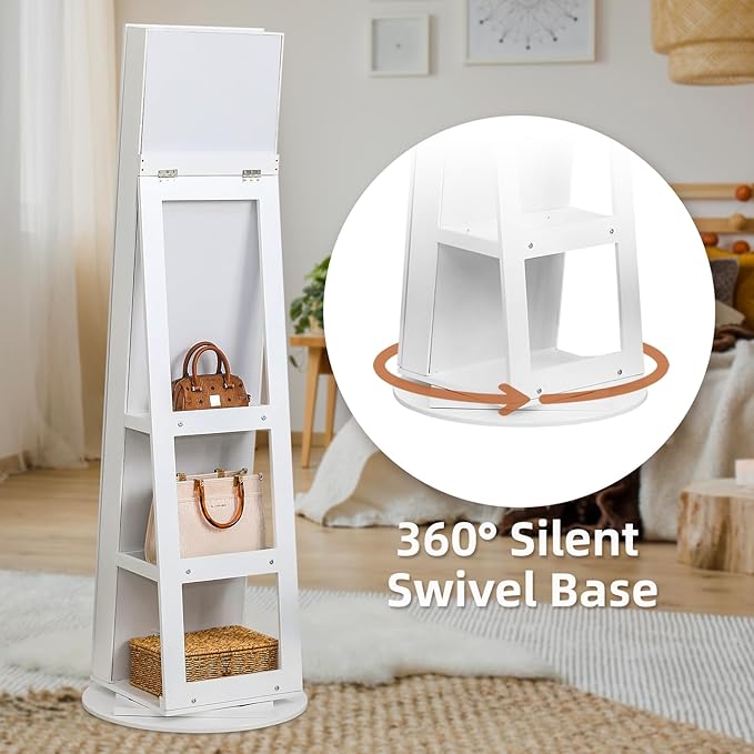 Bonnlo 360° Swivel Jewelry Cabinet with Sliding Door, Standing Jewelry Organizer Box with Full-Length Mirror, Jewelry Armoire with Large Storage Capacity