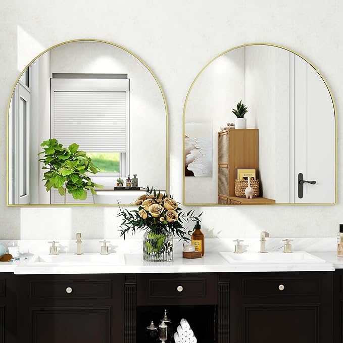 31"x32" Arched Wall Mirror for Bathroom, Gold Vanity Mirror for Bedroom, Living Room, Entryway, Decorative Hanging Mirror for Wall