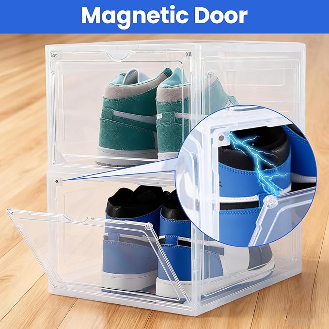 6Pack Shoe Storage Boxes, Shoe Boxes Clear Plastic Stackable, Shoes Storage Organizer with Magnetic Door, Thicken & Sturdy Shoes Organizer for Closet Sneaker Boot Container, 13.4x10.5x7.3 inch