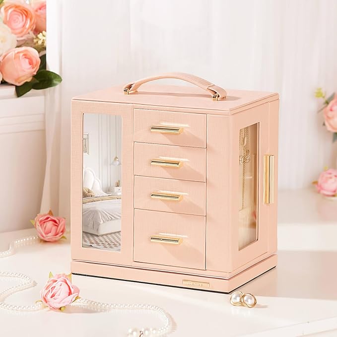 Homde Valentine's Day gifts Jewelry Box 360° Rotating, Necklace Earring Organizer with Transparent Window, Mirror, 7 Drawers, Large Ring Display Storage Case for Girls Women (Peach Pink)