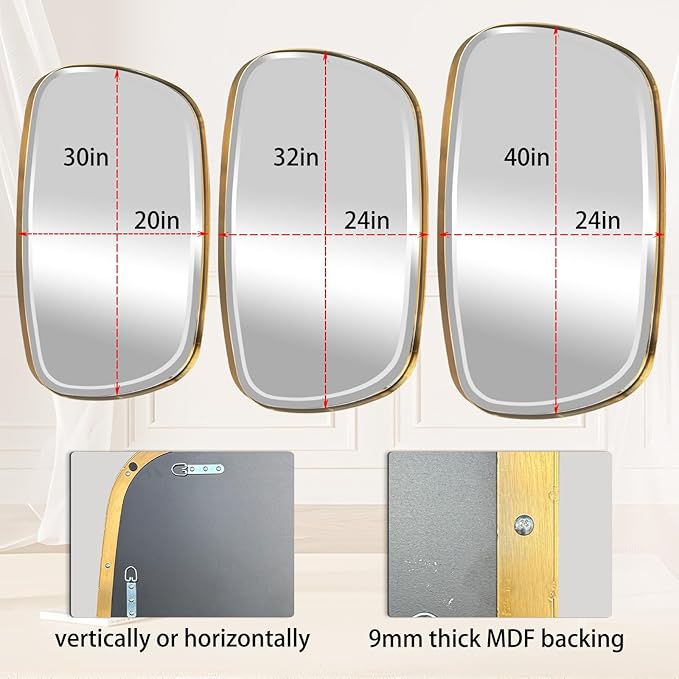 POZINO Brushed Gold Beveled Mirror, 24"x40" Modern Rounded Rectangle Mirrors, Brass Oval Mirrors, Oblong Vanity Wall Mirror in Premium Stainless Steel Frame, Hangs Horizontal Or Vertical