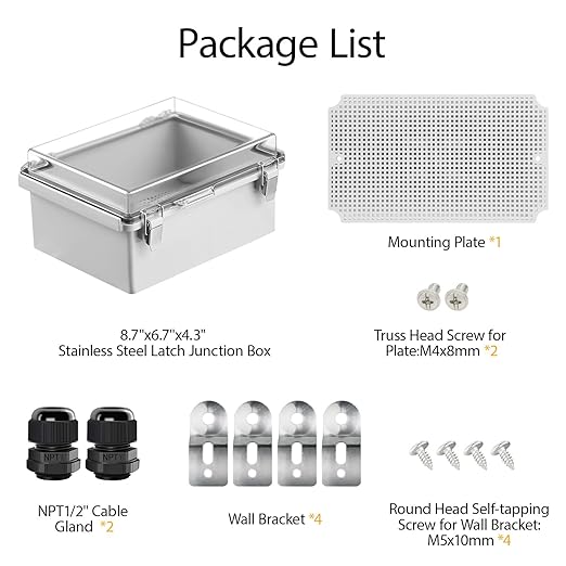 LeMotech Electrical Box, IP67 Waterproof Hinged Clear Cover Stainless Steel Latch Junction Box, ABS Plastic Electrical Enclosure with Mounting Plate,Wall Brackets, Cable Glands,8.7"x6.7"x4.3",Grey