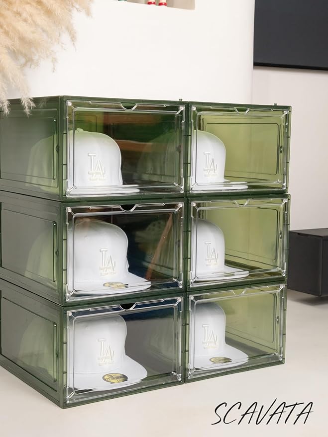 6 Pack Hat Organizer Box, Stackable Clear Baseball Caps Holder Box Containers with Magnetic Door for Hats Snapback Cap Storag, Hat Rack Display Case, Holds 8 Hats Each (Green)