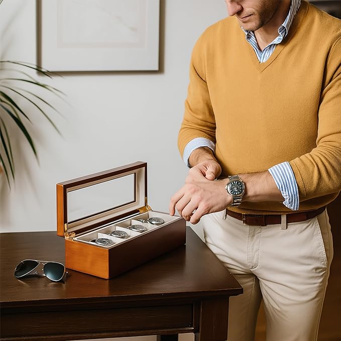 Bey-Berk Personalized Theo Cherry Wood 4-Slot Watch Box, Custom Glass-Top Solid Wood Watch Display Case with Velour-Lined Cushions, 11.25" x 4.5" x 3.25"