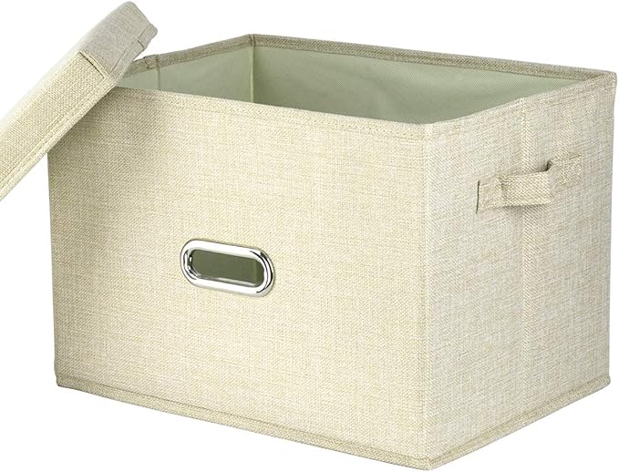 Large Capacity Linen Fabric Storage Bin for Clothes Storage, Toy Organizer Storage Cube, Foldable Box with Removable Lid, 15" x 11" x 10.2", Beige