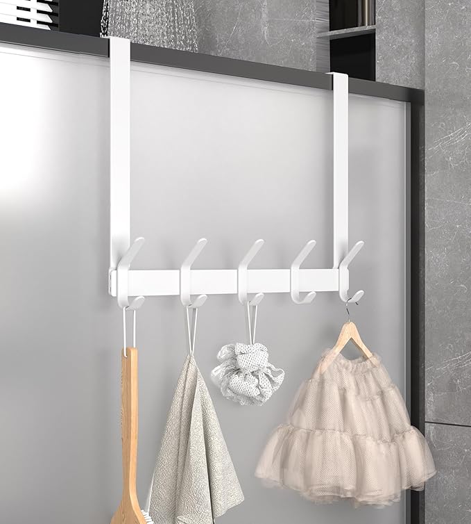 KitchLife Over The Door Hooks Hanger with 15.75 inches Extended Arms, Fit for 1-3/8" Doors, J40U, Thickened Bathroom Towel Rack Organization, 1 Pack Double-Hook, Glossy White