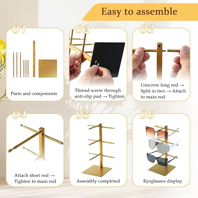 3-Tier Sunglass Display Stand,Sunglasses Organizer,Titanium Brushed Eyeglass Holder Stand,Gold Sunglasses Rack for homes, offices, boutique shops(PATENT PENDING