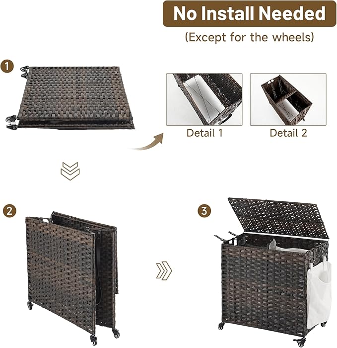 Laundry Hamper with Wheels, 34.3 Gallon(130L) Rolling Laundry Basket with Lid, Removable Large 2 Color Liners & 3 Mesh Laundry Bags, Clothes Hamper with Side Pocket, Brown