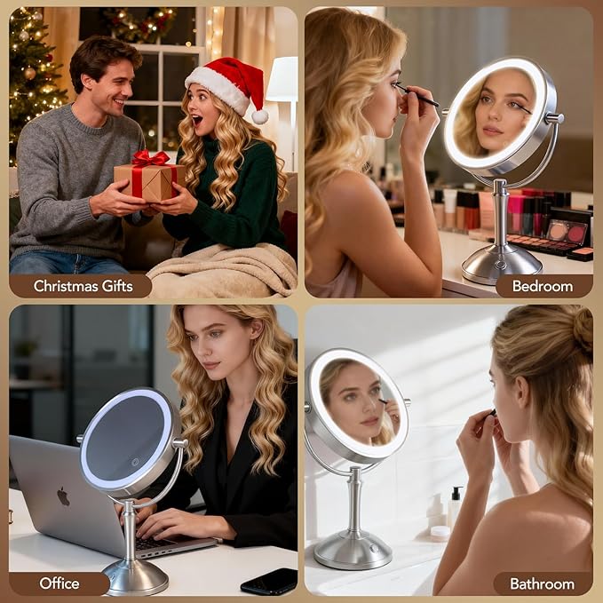 PJE Vanity Mirror with Lights,360 Mirror Magnifying Mirror with Light 10X,3 Light Settings Rechargeable Makeup Mirror,Dimmable Touch Control Tabletop Makeup Mirrors with Lights for Home,Hotel & Salon