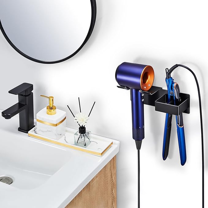Hair Dryer Holder, Hair Straightener Holder Wall Mount, Hair Tool Organizer, Hairdryer and Straightener Holders, Adhesive Hair Tool Storage for Blow Dryer, Curling Iron, Flat Iron Stand (Black)