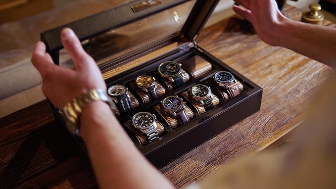 HOUNDSBAY Mariner Watch Box for Large Watches, PU Leather Watch Organizer, Black Carbon Fiber Watch Case Box Men