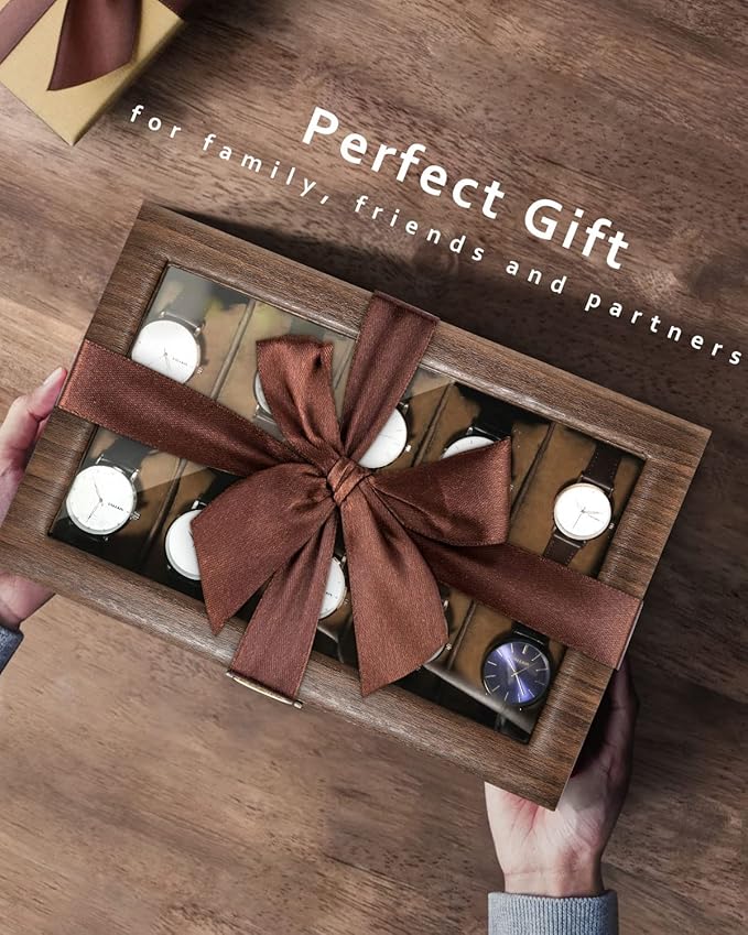 Uten Watch Box 10 Slots, Watch Case Organizer with Real Glass Lid, Wood Grain PU Leather Watch Display Storage Box with Removable Imitation Suede Watch Pillows, Metal Clasp