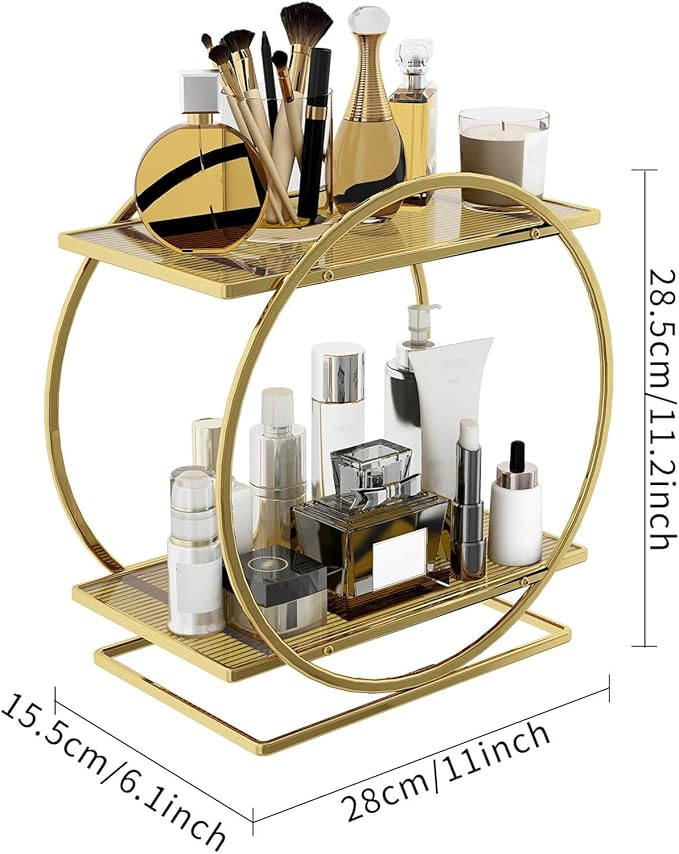 Perfume Organizer for Dresser, 2 Tier Bathroom Counter Organizers and Storage, Gold Makeup Organizer for Vanity, Bathroom Accessories & Decor, Skincare Perfume Trays Cosmetic Display Holder