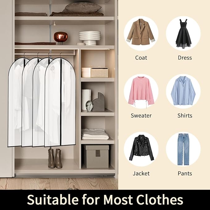 12 Pack 40" Garment Bags Clothes Covers Protecting Dusts for Hanging Clothes, Suit Bags with Zipper Suit Bags Clear Garment Bag for Travel, Closet Storage, Coat, Dress, Shirts