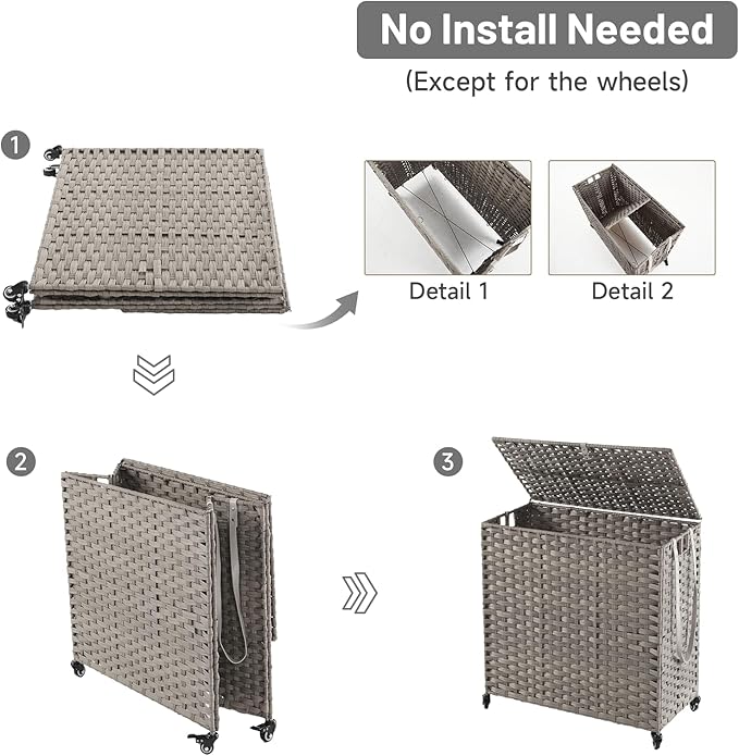 Laundry Hamper with Wheels, 39.6 Gallon(150L) Rolling Laundry Basket with Lid, Removable Large 2 Color Liners & 3 Mesh Laundry Bags, Clothes Hamper with Side Pocket, Grey