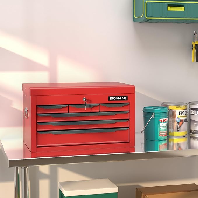 IRONMAX Small Tool Box, 24" Lockable Steel Toolbox with 6 Drawers & Top Tray, Heavy Duty Tool Chest Cabinet Storage Organizer for Garage, Workshop, Repair Shop, Warehouse (Red)