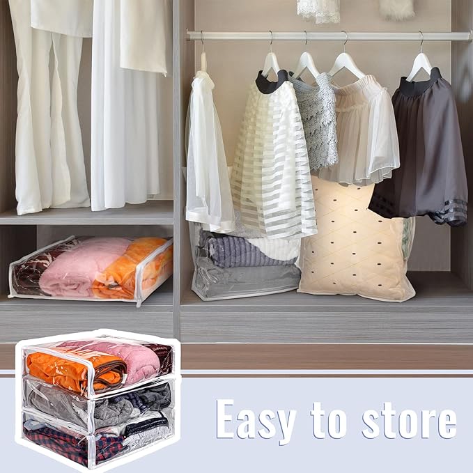 6 Packs Clear Zippered Storage Bags Sweater Moth Bags Plastic Storage for Blankets Clothes Bed Sheet Organizer with Zipper for Closet Linen Sweater Bed Sheet Clothes Pillow(16 x 14 x 4 Inch)
