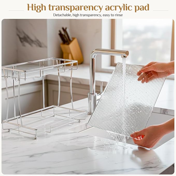 Bathroom Organizer Countertop Perfume Organizer Makeup Organizer Cosmetics Storage Display Rack Vanity Tray Dresser Steel chrome Shelf Transparency Wavy Acrylic Tray (2 Tier Chrome)