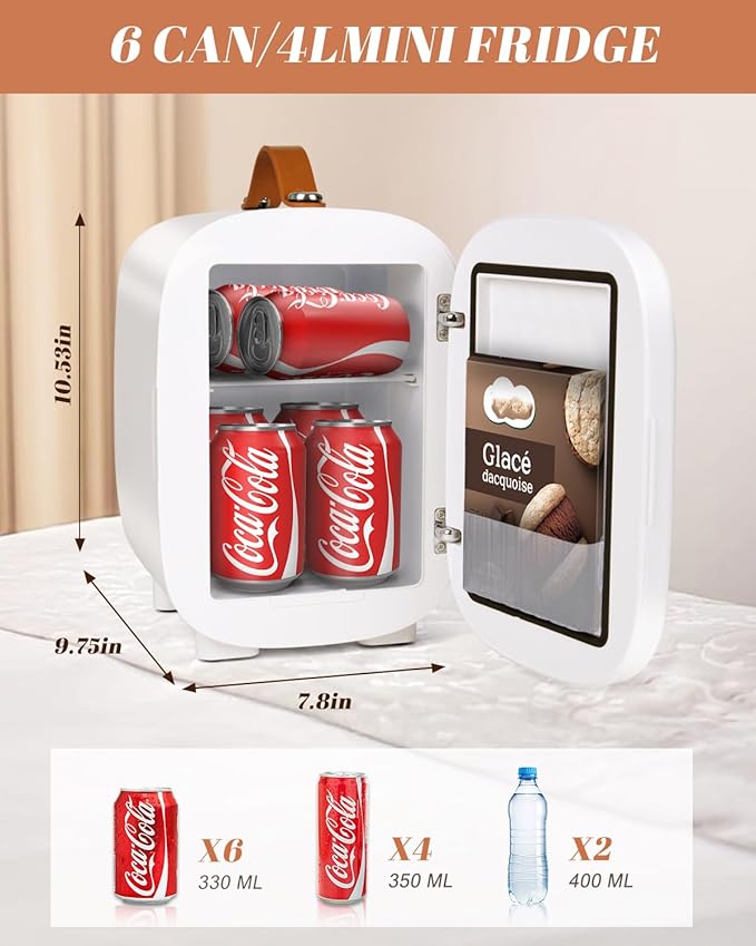 Mini Fridge for Bedroom, 4 Liter/6 Can Skincare Fridge With LED Mirror,12v AC/DC Cooler & Warmer Portable Small Refrigerator for Drinks, Makeup, Dorm, Office and Car(White)