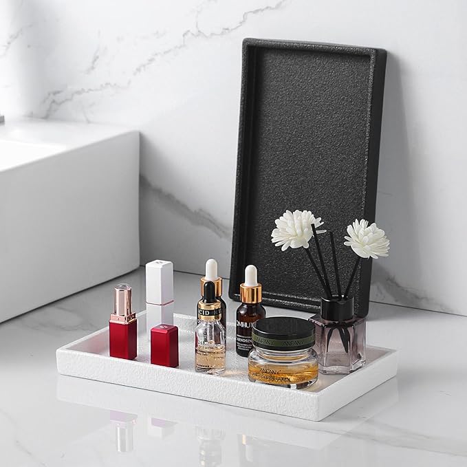 Bathroom Vanity Tray - 11'' Ceramic Rough-Textured Rectangle Countertop Tray, Heavy-Duty Perfume Organizer Plate, Jewelry Ring Tray, Kitchen Soap Dispenser Stone Trays, Black
