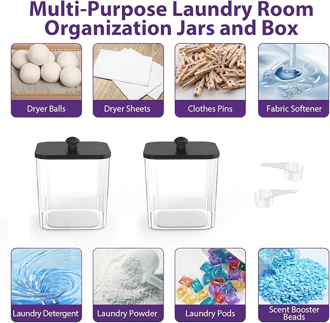 2 Pack Clear Laundry Pods Container, Plastic Square Laundry Room Organization and Storage Jars with Black Lids, Scoops & Labels for Detergent, Powder, Dryer Balls