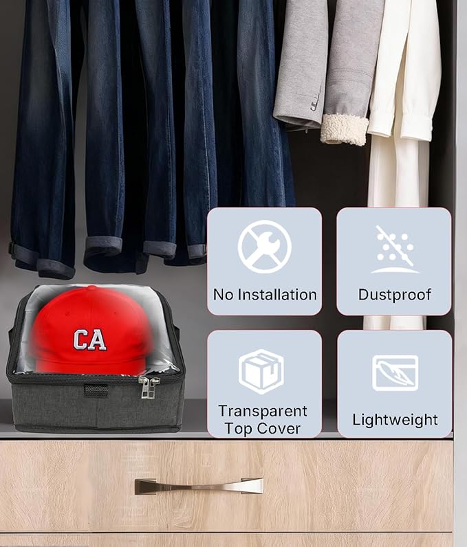 Hat Organizer for Baseball Caps, Hat Storage Holder Container for Closet Hold Up to 15 Caps with Clear Window, Hat Boxes for Home Storage (1Pcs Dark Gray