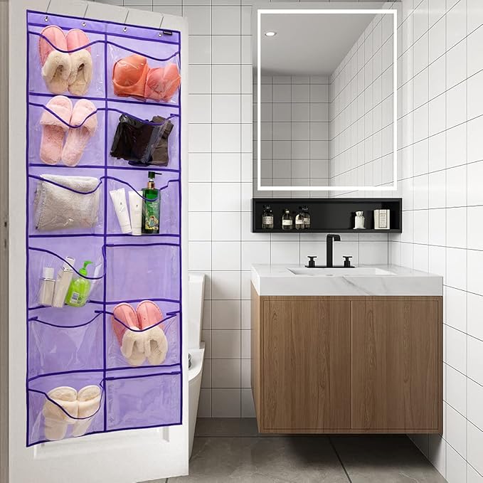 Extra Large Pocket Shoe Organizer - Hanging Shoe Rack with 12 Clear Pockets (Purple)
