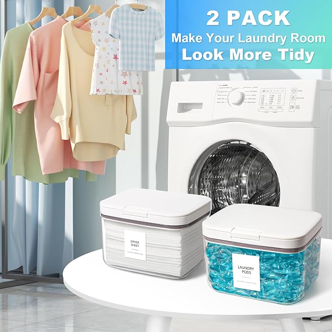 Dryer Sheet Holder and Laundry Pods Container, 2 Pack 2.96 qt. / 95 fl oz Powder Dispenser for Room Organization Decor, Plastic Pod Beads Detergent Storage