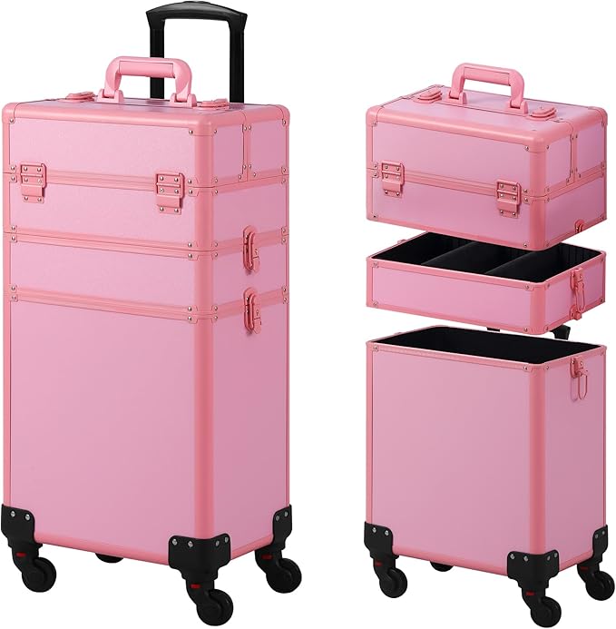 Makeup Train Case, Rolling Makeup Case, 3 in 1 Cosmetology Case on Wheels, Christmas Gift, Large Makeup Case Organizers, Profesional Cosmetic Case for Salon Barber, Pink