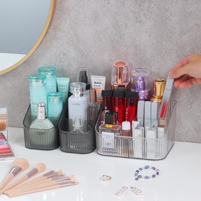 Clear Makeup Brush Holder & Organizer for Vanity, Bathroom Countertop - 5 Cup Toiletry Organizer, Storage & Display for Skincare, Perfume, Hairbrush, Sunglasses & Desk Accessories