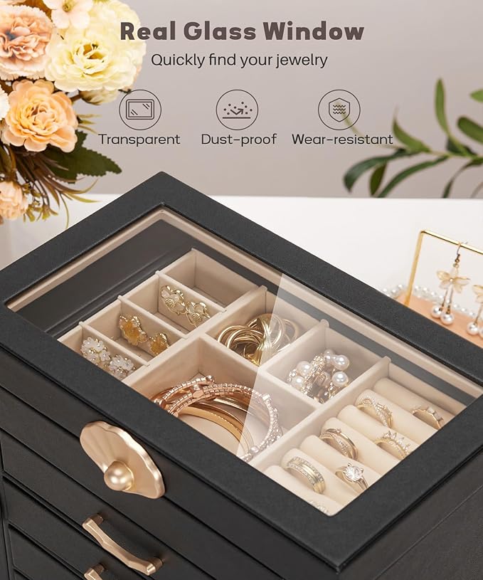 Jewelry Box with 4 Drawers: Display Organizer for Earrings Necklaces - Gifts for Girls Women (Black)