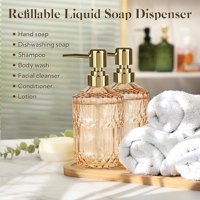 6 Pack Glass Soap Dispenser with Pump 15.2 oz Refillable Liquid Hand Soap Dish Soap Dispensers Vintage Soap Dispenser Liquid Bottle for Kitchen Sink Bathroom Counter(Gold,Gold Pump Head)