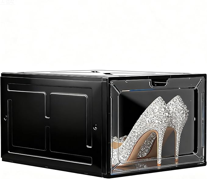 1 Pack Black Drop-Front Sneaker Box with Magnetic Door, Stackable Shoe Organizer for Closet or Room, Fits up to Size 13 – 13.5 x 10.55 x 7.5 In