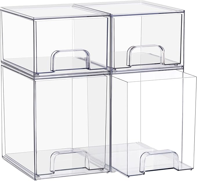 Sorbus Stackable Acrylic Storage Drawers, 4 Pack Clear Plastic Organizer Bins for Baby Bottles, Makeup, Bathroom, Vanity & Countertop Organization, Pull-Out Drawer Design for Cabinets & Pantry