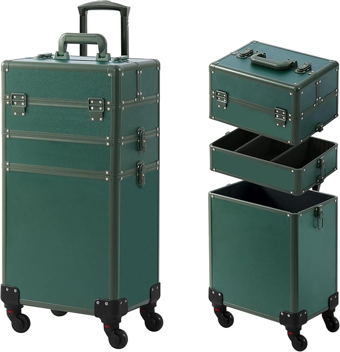 Makeup Train Case, Rolling Makeup Case, 3 in 1 Cosmetology Case on Wheels, Christmas Gift, Large Makeup Case Organizers, Profesional Cosmetic Case for Salon Barber, Green